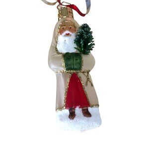 Vintage Germany Hand Blown Glass Clear Frosted Santa 4” Ornament with Tree MINT